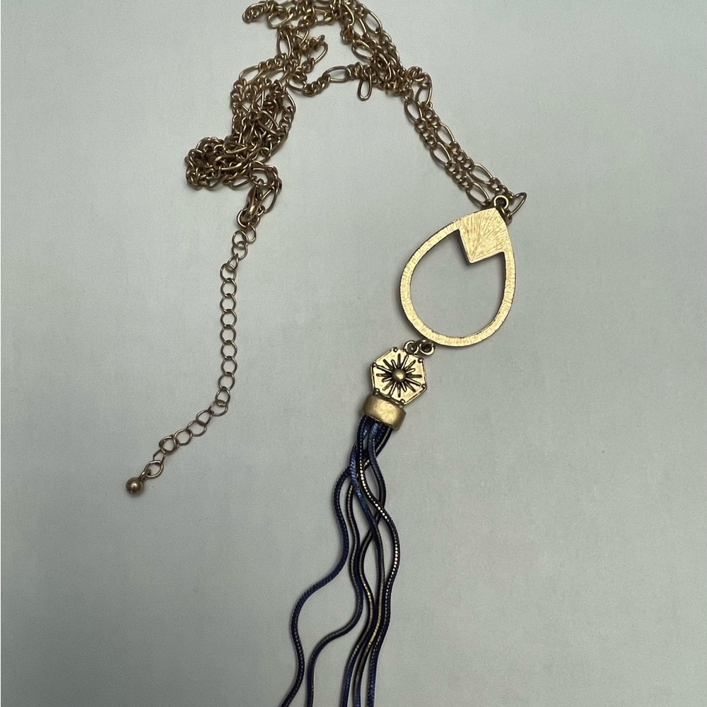 Gold Metal and Blue Stone Long Necklace - Picture 4 of 11